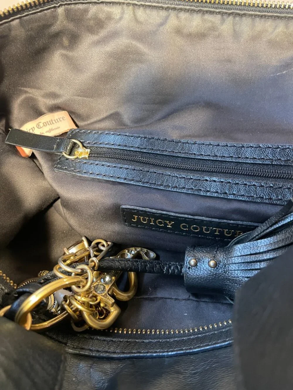 Juicy Couture Y2K Black Leather Bowling Shoulder Bag Tassel Logo Purse